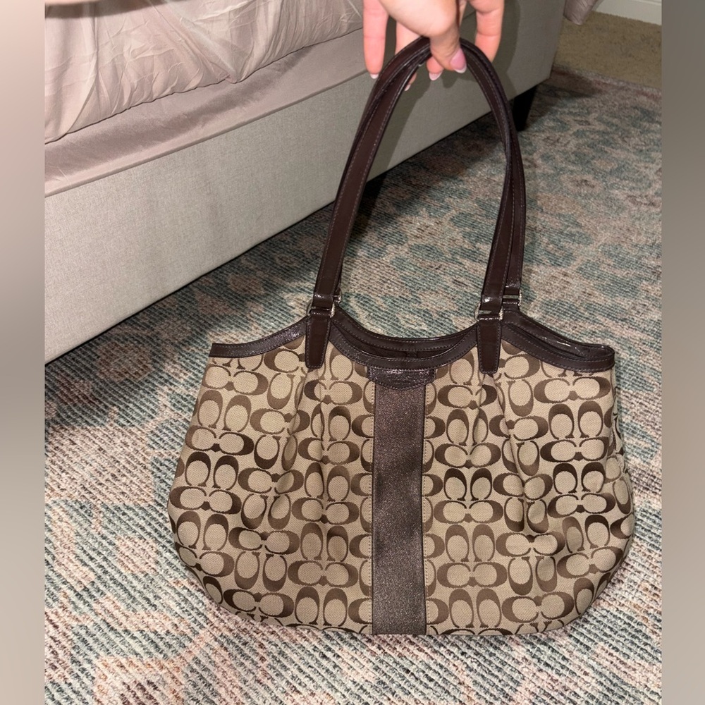 Coach Tan and Brown Signature Shoulder Bag